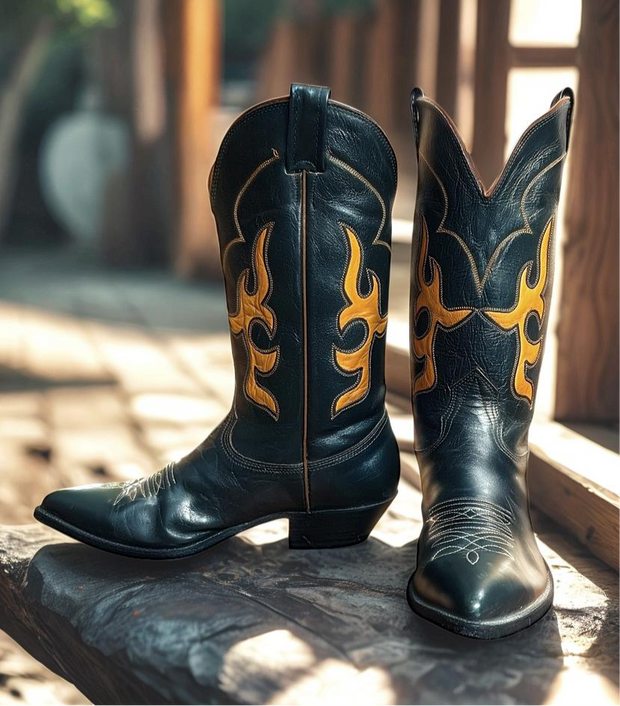 Men’s Size 8.5 D - Nocona Vintage Cowboy Western Boots Dark Green Yellow Inlays
