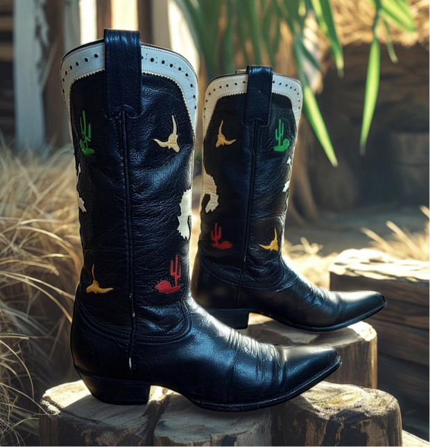 Women’s Size 7.5 B - Larry Mahan Vintage Cowboy Western Boots Horseback Inlays