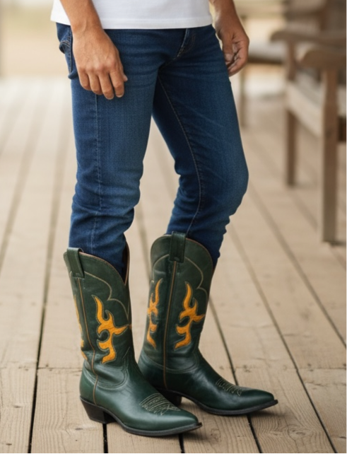 Men’s Size 8.5 D - Nocona Vintage Cowboy Western Boots Dark Green Yellow Inlays