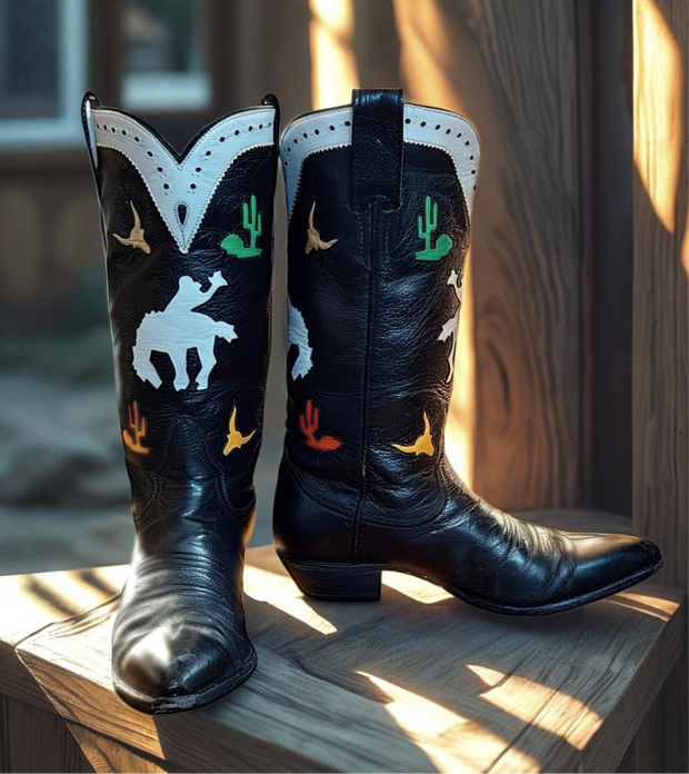 Women’s Size 7.5 B - Larry Mahan Vintage Cowboy Western Boots Horseback Inlays