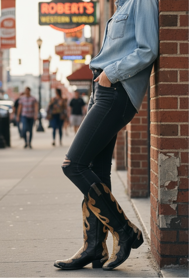 1970s • Tony Lama • Gold Python Flame Inlay — Women’s 6.5 M