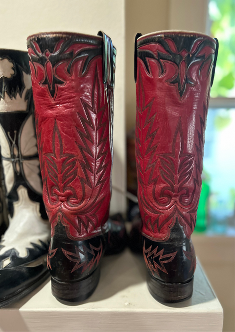 1950s • Custom Stovepipe Show Boots (Red/Black, “R.L.M.” Monogram) • Women’s 9.5