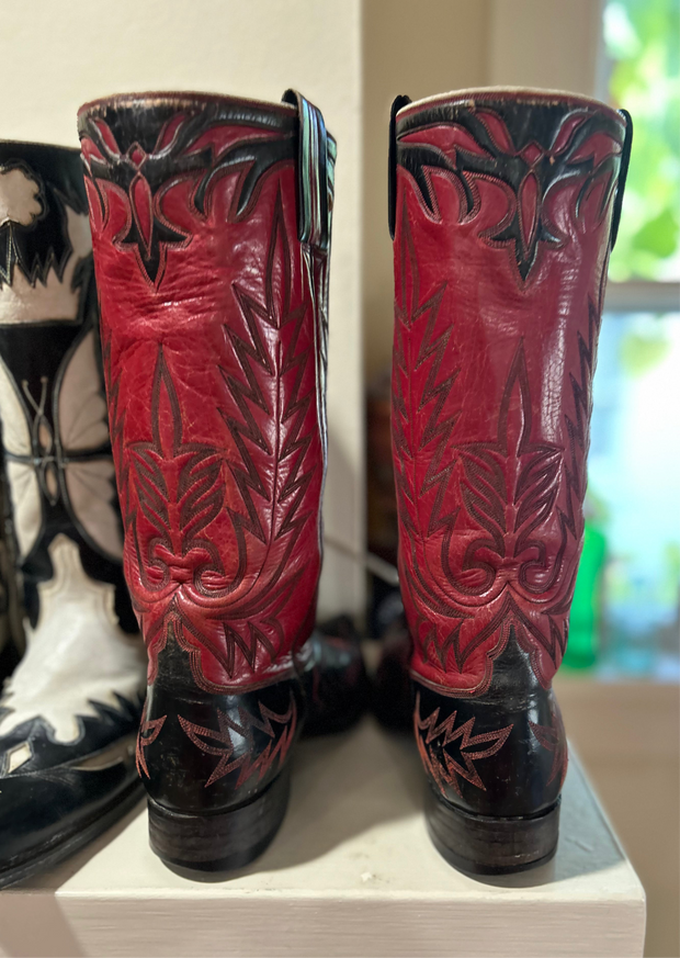 1950s • Custom Stovepipe Show Boots (Red/Black, “R.L.M.” Monogram) • Women’s 9.5