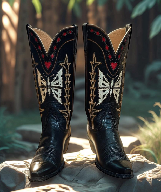 Women’s Size 7.5 B - Lucchese Custom Cowboy Western Boors Butterfly and Heart Inlays