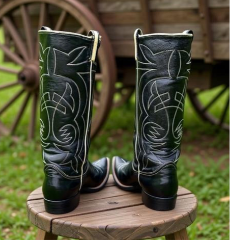 1950s • Tony Lama • Stovepipe Black Flame Stitch — Men’s 8.5