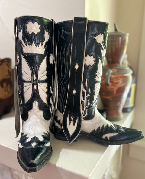 1960s • Custom Made • Black & White Butterfly Inlay Western • Men’s 10 D