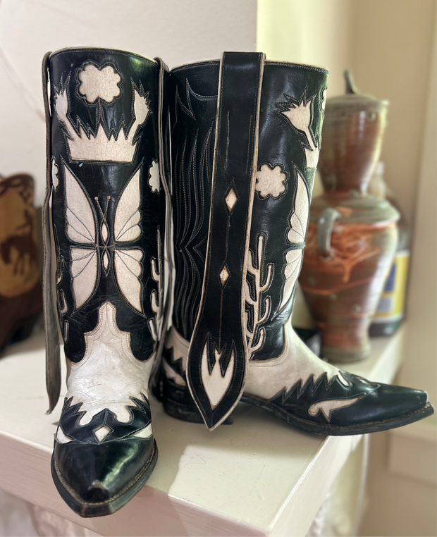 1960s • Custom Made • Black & White Butterfly Inlay Western • Men’s 10 D