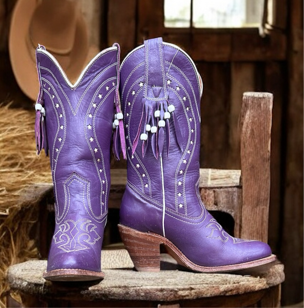 Women’s Size 7.5 M - Miss Capezio Vintage Cowboy Western Boots Purple Beaded Fringe