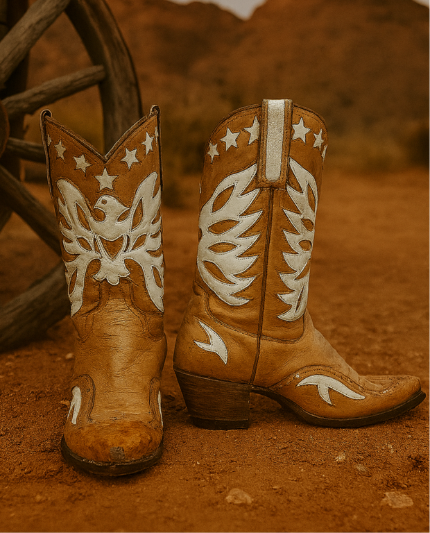 Women’s Size 8 M - Vintage Custom Made Cowboy Western Boots Thunderbird Star Inlays