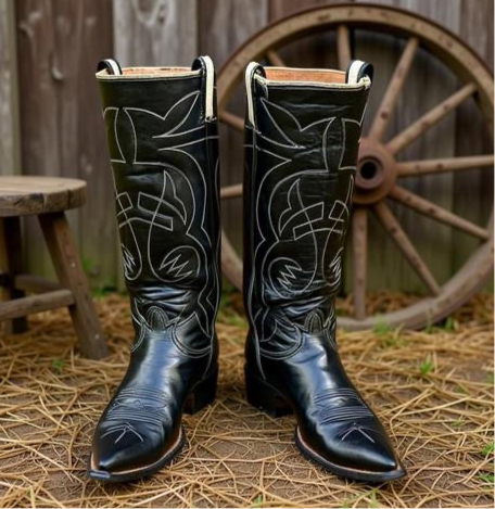 1950s • Tony Lama • Stovepipe Black Flame Stitch — Men’s 8.5