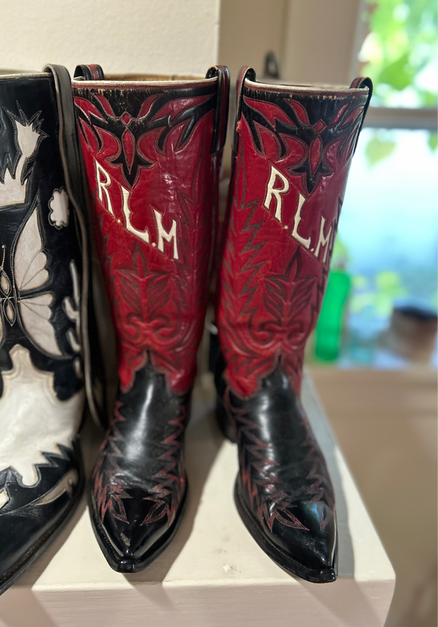 1950s • Custom Stovepipe Show Boots (Red/Black, “R.L.M.” Monogram) • Women’s 9.5