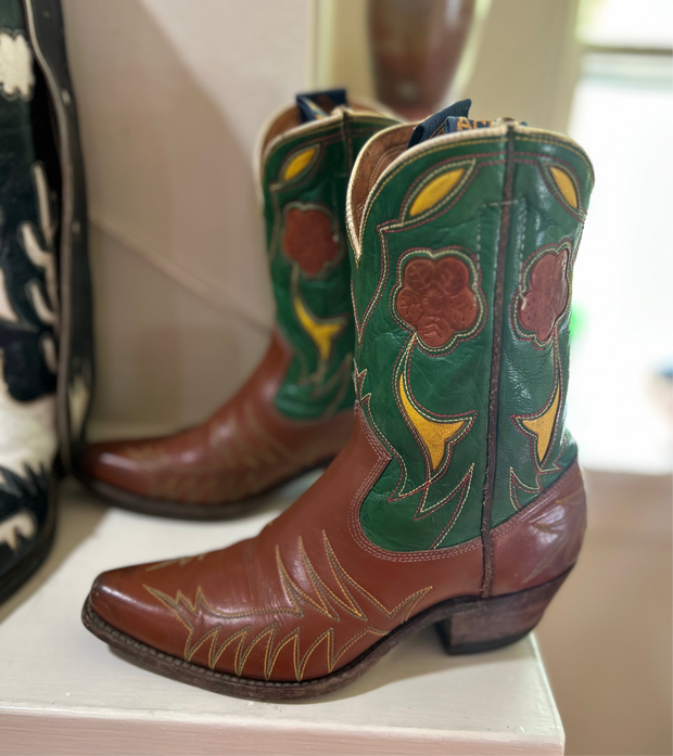 1960s • Acme • “Garden Party” Floral-Inlay Shorty Boots • Women’s 6.5