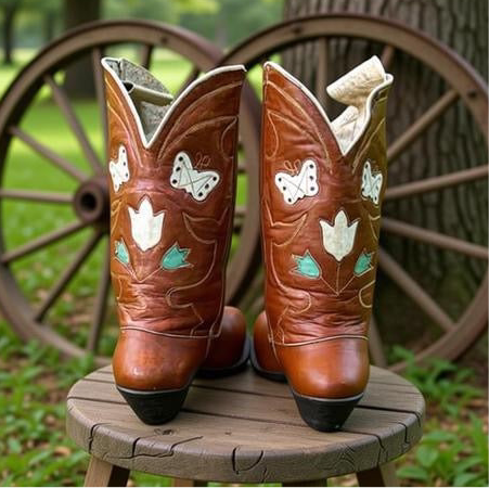 1940’s Cowboy Western Boots Butterfly and Floral Inlays Women’s 7 B