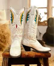 Women’s Size 6 C - Acme Vintage Cowboy Western Boots White With Inlays