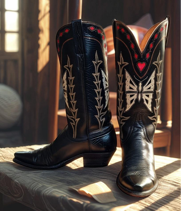 Women’s Size 7.5 B - Lucchese Custom Cowboy Western Boors Butterfly and Heart Inlays
