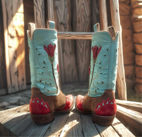 Women’s Size 8 M - Custom Made Cowboy Western Boots Rose Inlays