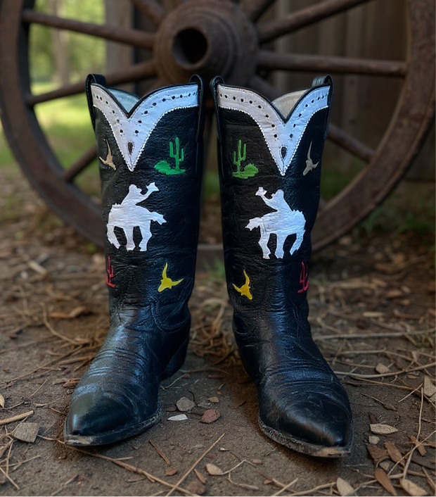 Women’s Size 7.5 B - Larry Mahan Vintage Cowboy Western Boots Horseback Inlays
