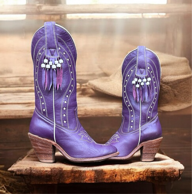 Women’s Size 7.5 M - Miss Capezio Vintage Cowboy Western Boots Purple Beaded Fringe