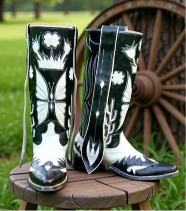 1960s • Custom Made • Black & White Butterfly Inlay Western • Men’s 10 D
