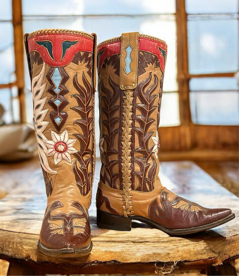 Women’s Size 9 M - 1950’s Stovepipe Cowboy Western Boots Eagle and Butterfly Inlays Museum Worthy