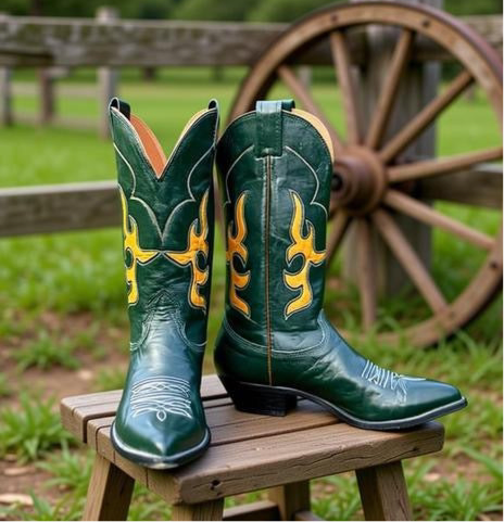 Men’s Size 8.5 D - Nocona Vintage Cowboy Western Boots Dark Green Yellow Inlays