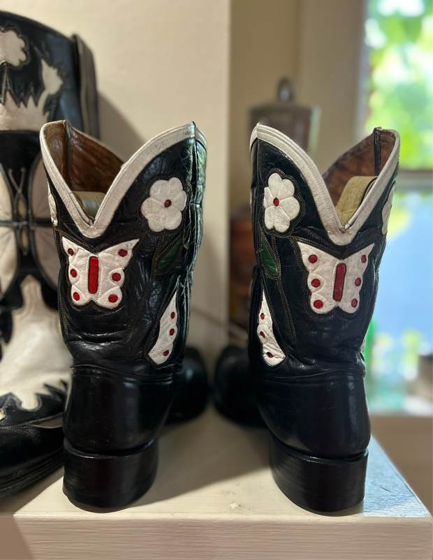 1950s • Border-Boot Style • “Butterfly & Dogwood” Inlay Showboots • Women’s 9