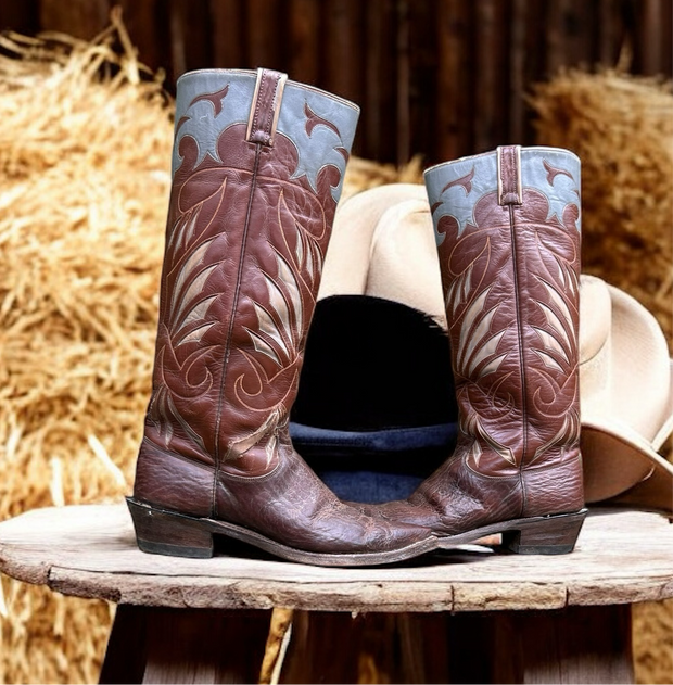 Men’s Size 9.5 D - 1950’s Justin Tall Stovepipe Cowboy Western Boots Unique Inlay Design