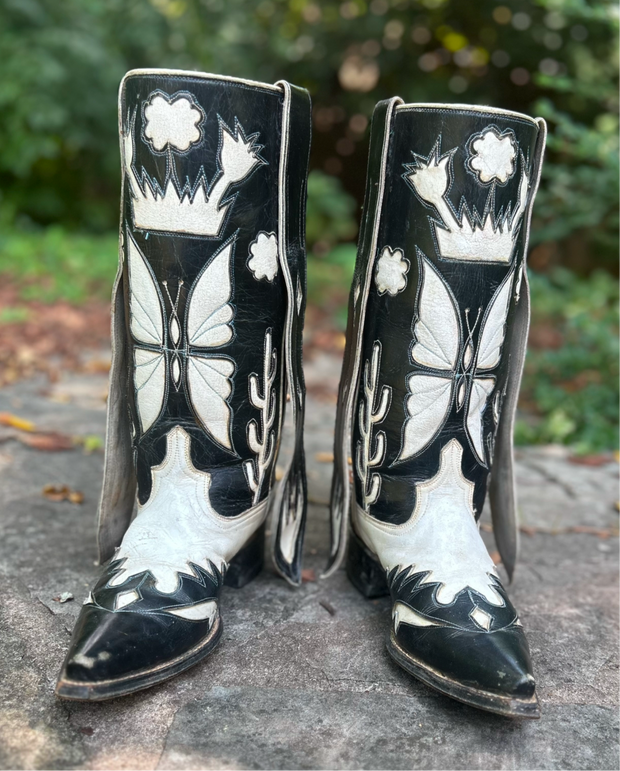 1960’s Black & White Butterfly Inlay Cowboy Boots – Men’s 10D