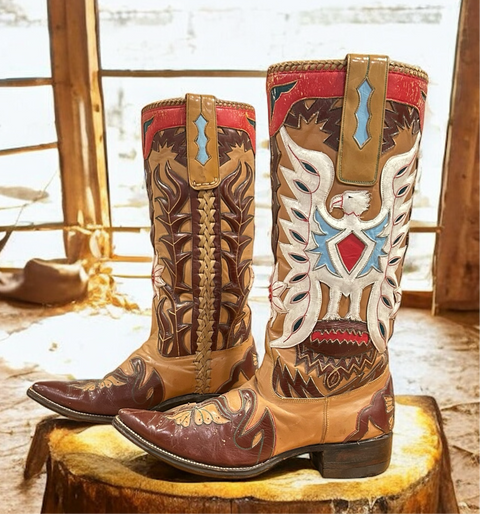 Women’s Size 9 M - 1950’s Stovepipe Cowboy Western Boots Eagle and Butterfly Inlays Museum Worthy