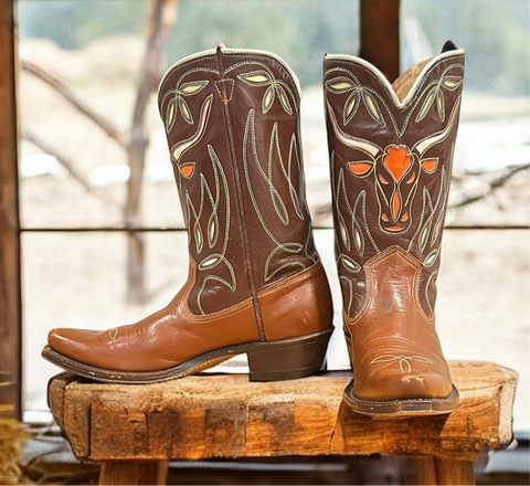 Women’s Size 7 M - 1960’s Acme Cowboy Western Boots Bull Head Inlays