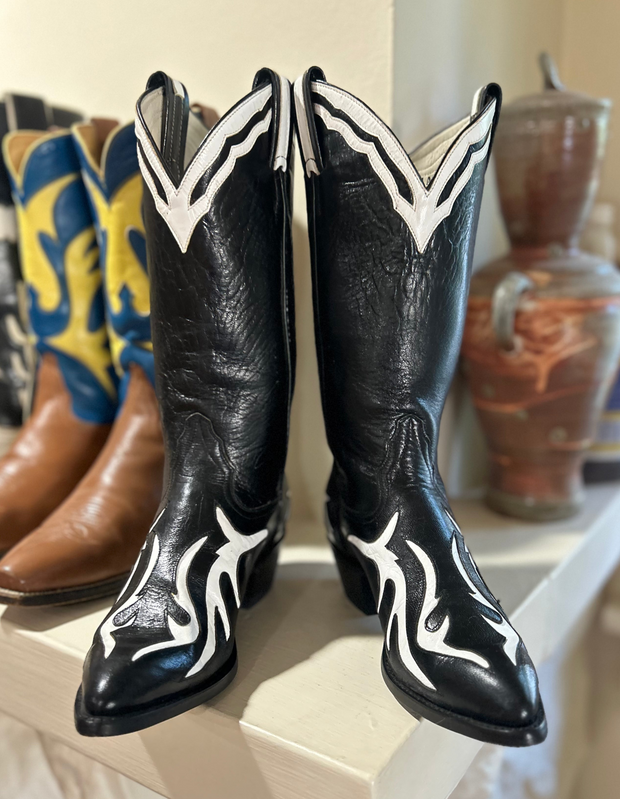 Women’s Size 7 B - Larry Mahan Vintage Cowboy Western Boots Unique Inlays NOS