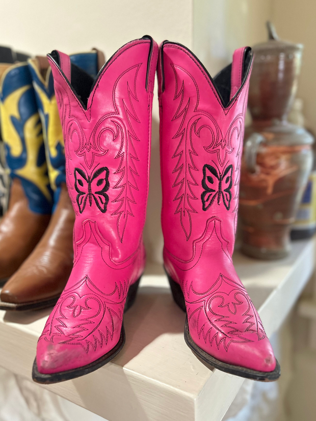 Women’s Size 7.5 M - Vintage Cowboy Western Boots Pink Butterfly Embroidered