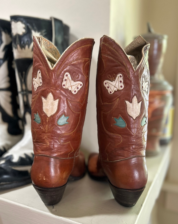 1940’s Cowboy Western Boots Butterfly and Floral Inlays Women’s 7 B