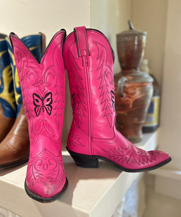 Women’s Size 7.5 M - Vintage Cowboy Western Boots Pink Butterfly Embroidered