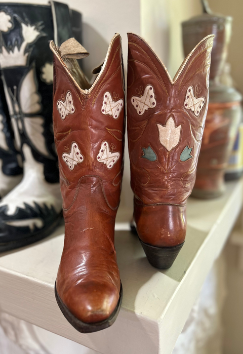 1940’s Cowboy Western Boots Butterfly and Floral Inlays Women’s 7 B