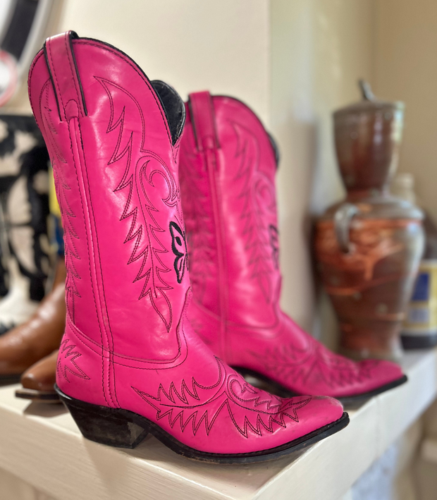 Women’s Size 7.5 M - Vintage Cowboy Western Boots Pink Butterfly Embroidered