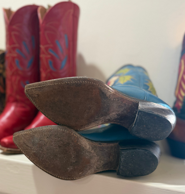 1950s • Stewart Romeros • “Wildflower Blue” Inlay Boots • Women’s 8 M