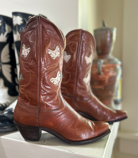 1940’s Cowboy Western Boots Butterfly and Floral Inlays Women’s 7 B