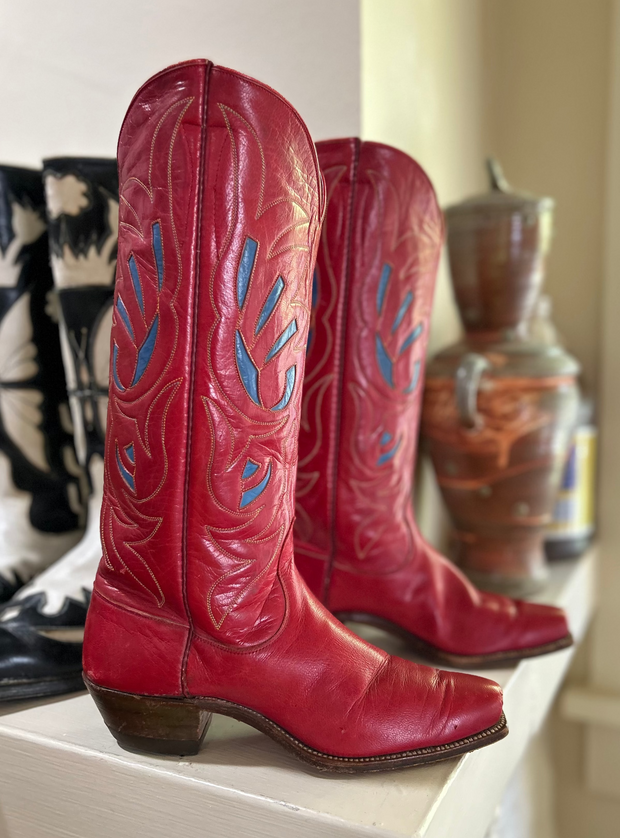 1950s Justin • “Flame Stitch” • Red Inlay Boots • Women’s 6.5 M