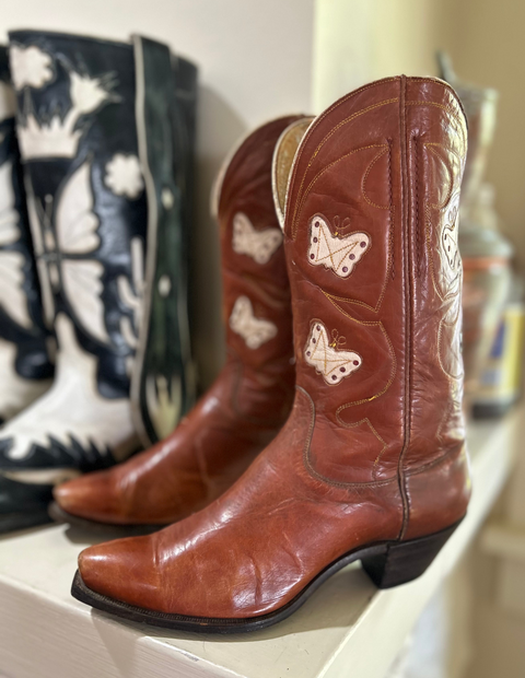 1940’s Cowboy Western Boots Butterfly and Floral Inlays Women’s 7 B