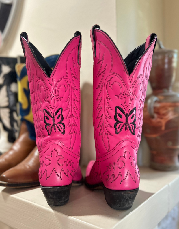 Women’s Size 7.5 M - Vintage Cowboy Western Boots Pink Butterfly Embroidered