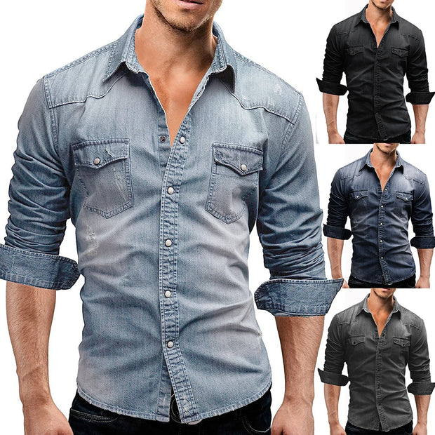 Denim TShirt Men Cotton TShirt Slim Long Sleeve Cowboy Shirt