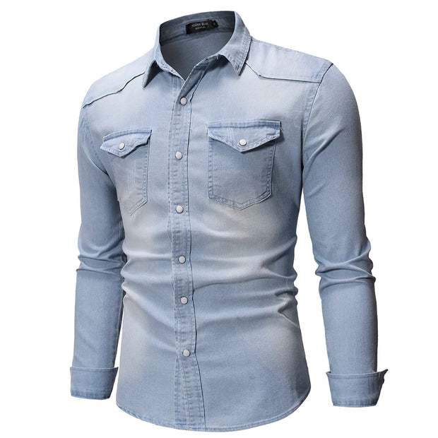 Denim TShirt Men Cotton TShirt Slim Long Sleeve Cowboy Shirt