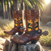 Men’s Size 9.5 D - 1950’s Cowboy Western Boots Mexican Folk Art With Charro Parade Spurs