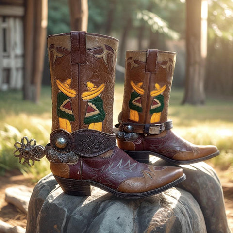 Men’s Size 9.5 D - 1950’s Cowboy Western Boots Mexican Folk Art With Charro Parade Spurs