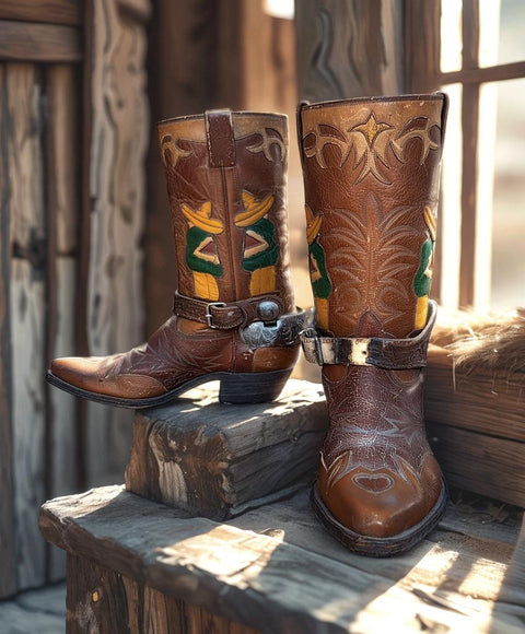 Men’s Size 9.5 D - 1950’s Cowboy Western Boots Mexican Folk Art With Charro Parade Spurs