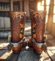 Men’s Size 9.5 D - 1950’s Cowboy Western Boots Mexican Folk Art With Charro Parade Spurs