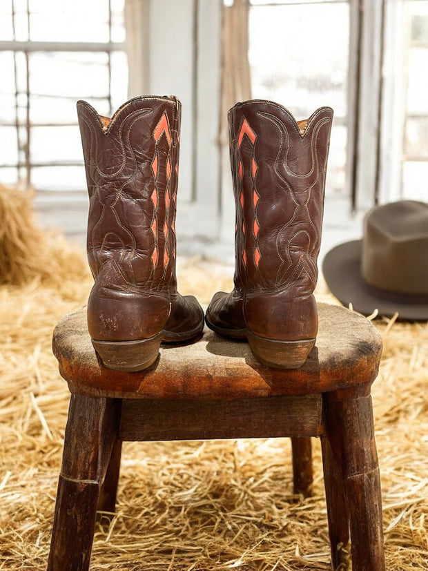 Women’s Size 7.5 C - 1960’s Acme Cowboy Western Rockabilly Boots Pink Inlays Cloth Pulls