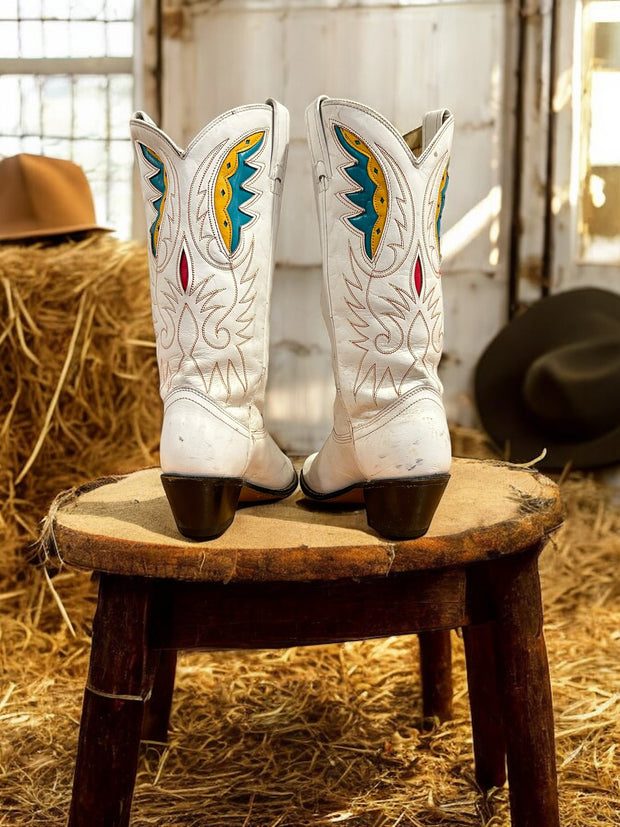 Women’s Size 6 C - Acme Vintage Cowboy Western Boots White With Inlays