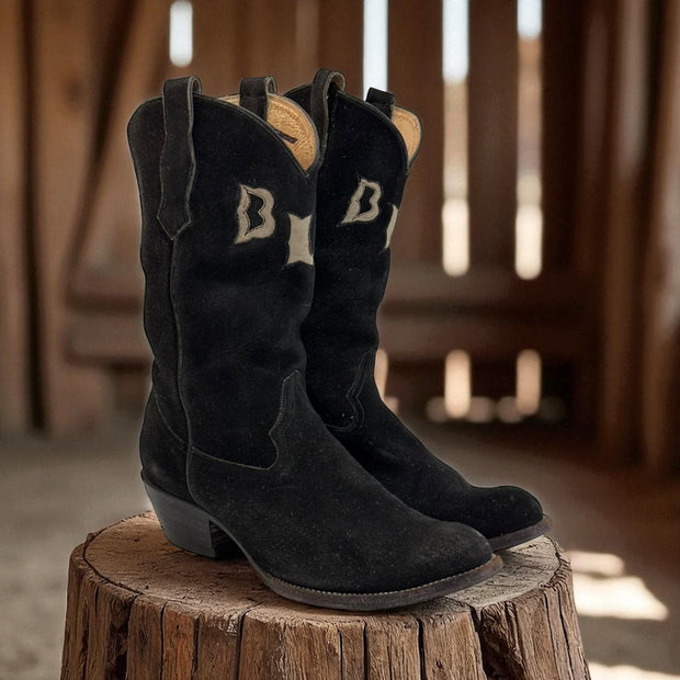 Men’s Size 10 D - Custom Made Cowboy Western Boots BLN Black Suede Vintage 70’s